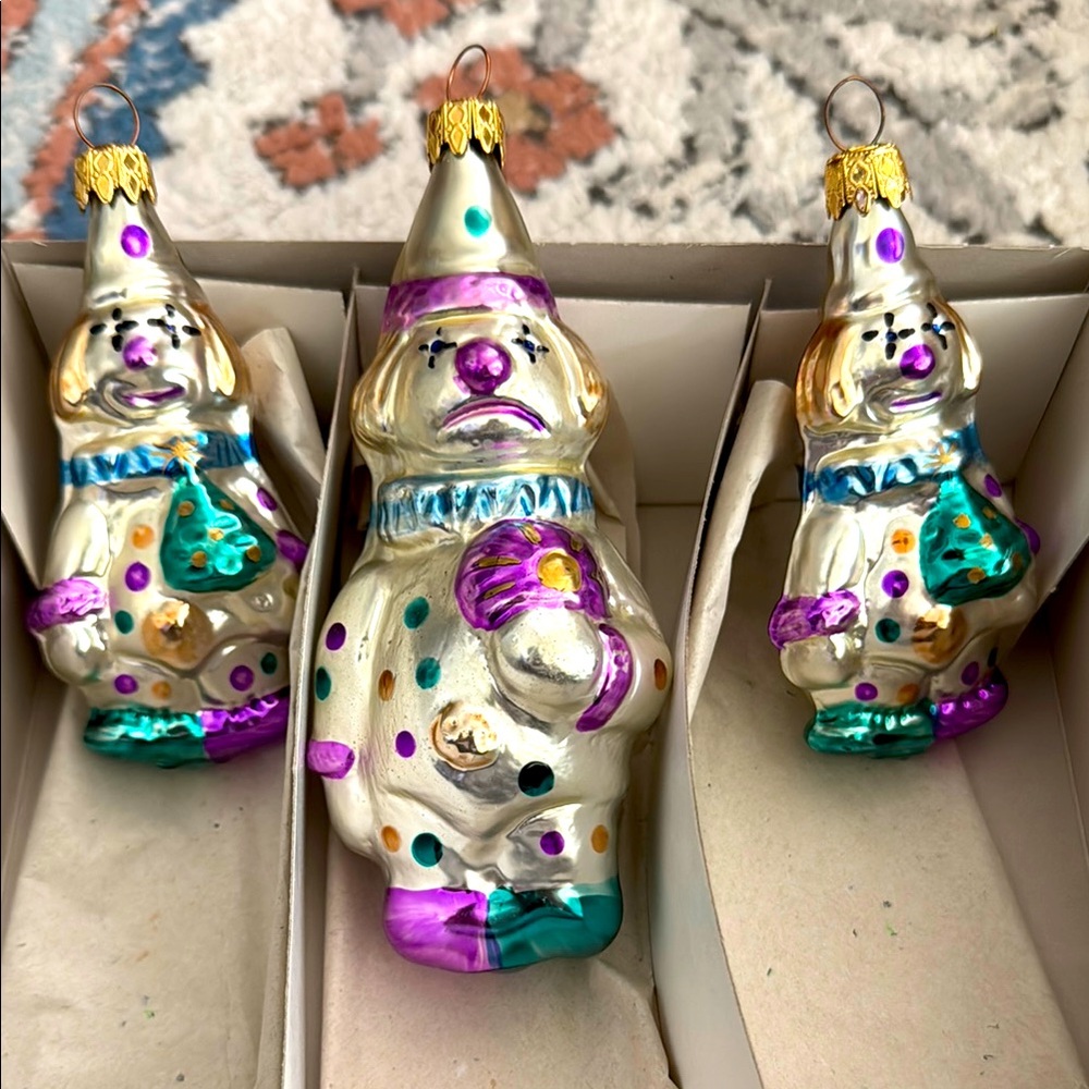 Vintage Set of 3 Glass Clown Ornaments made in West Germany